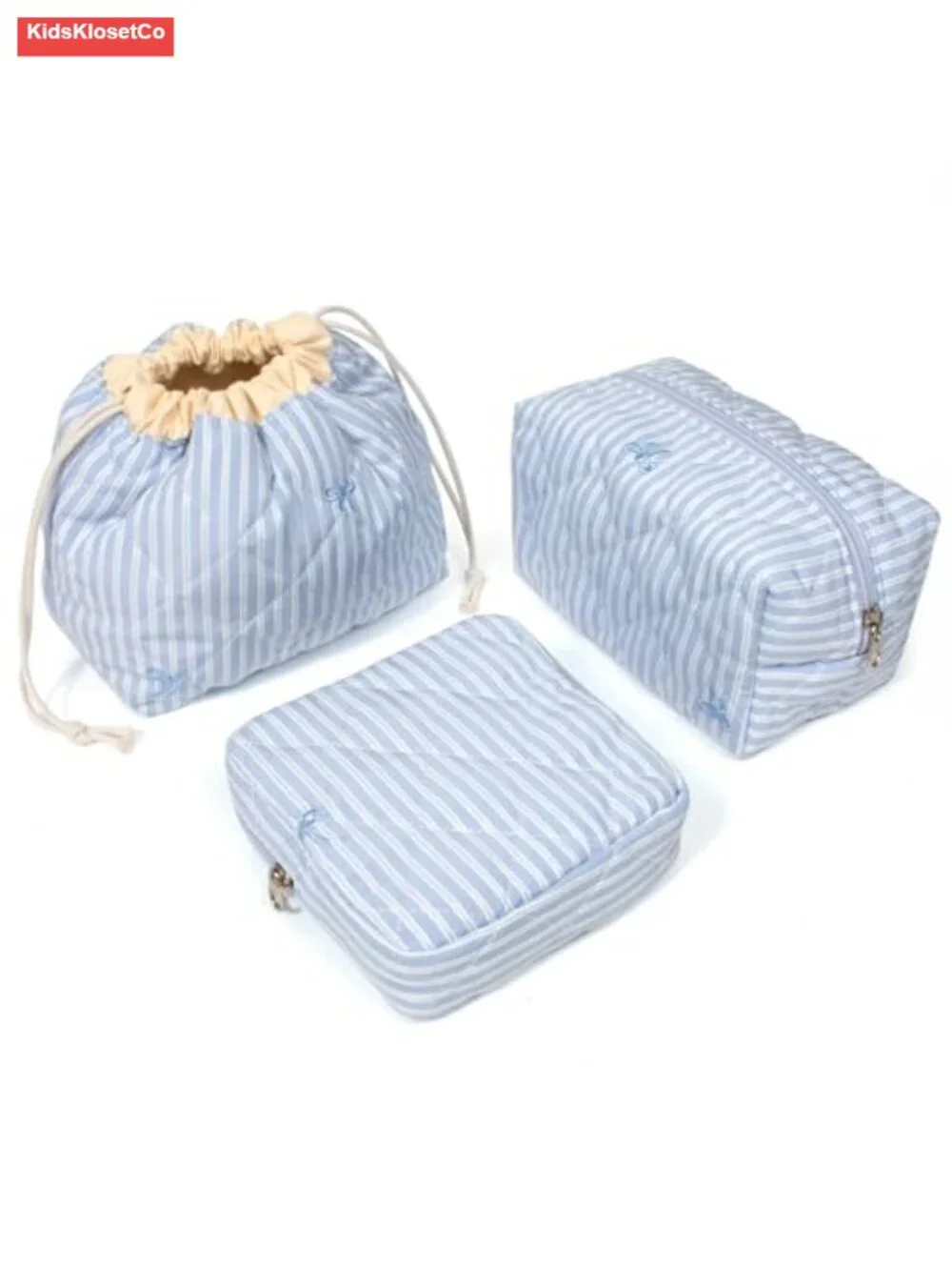 Quilted Cotton Makeup Bag Set 3-Piece Travel Toiletry Pouch Drawstring Gift